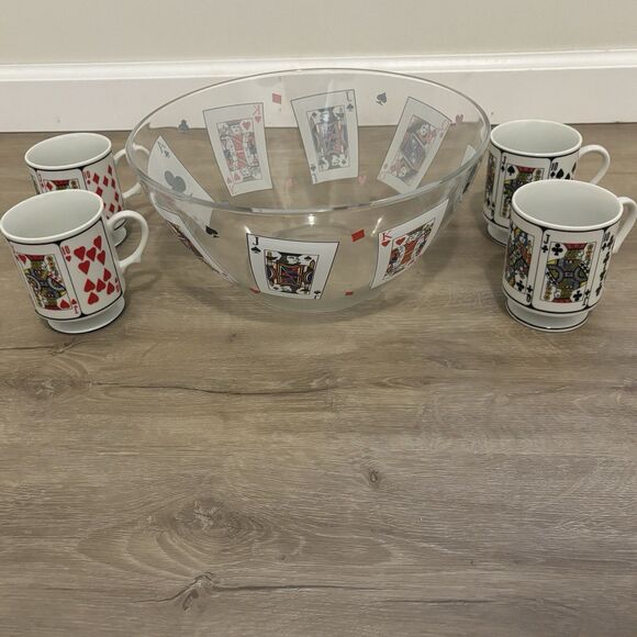 Vintage Playing Card Punch Bowl Set 4 Mugs Pedestal King Queen Jack Clubs Hearts - Picture 3 of 12
